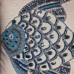 NWT. Pier 1 hand beaded & jeweled fish pillow. Navy, silver, white, blue .